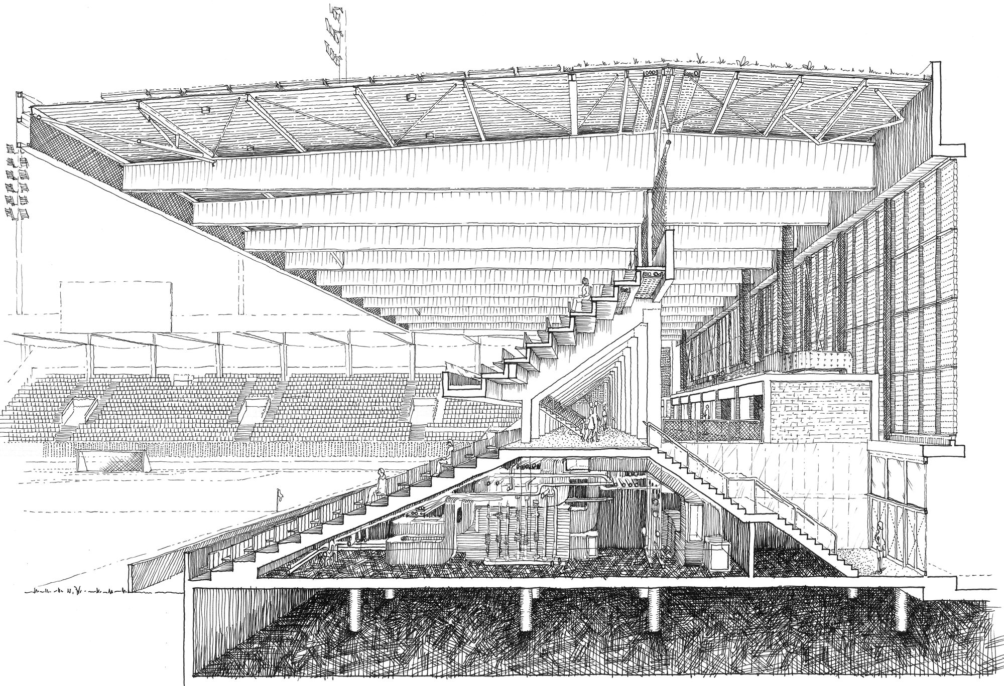Hardturm Stadium - detailed hand-drawn ink section perspective through the stand and concourse