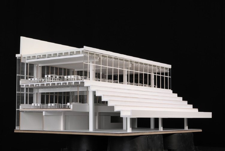 Hardturm Stadium - white card and plexiglas study model on a black background