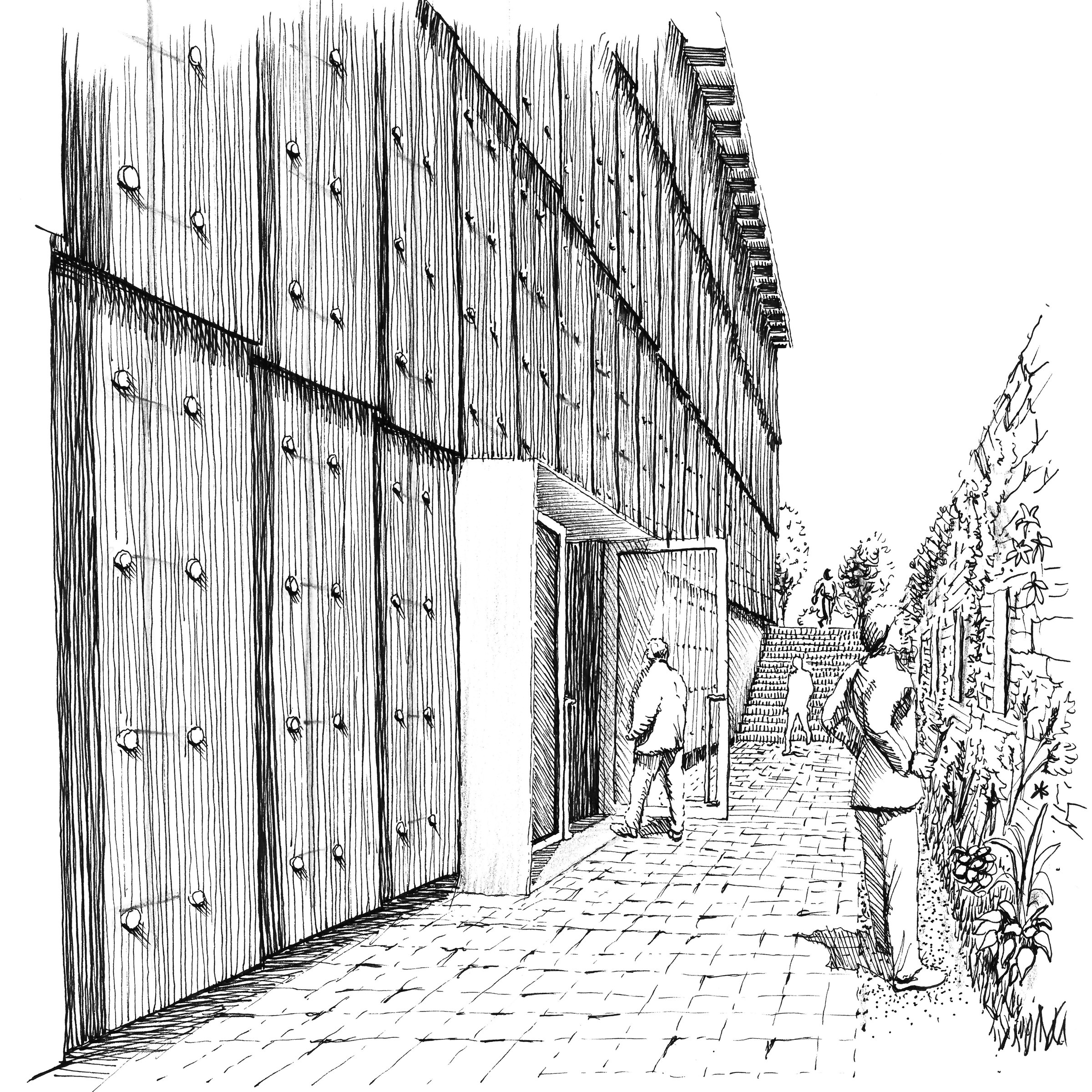 Sketch of the entrance situation · Fineliner drawing