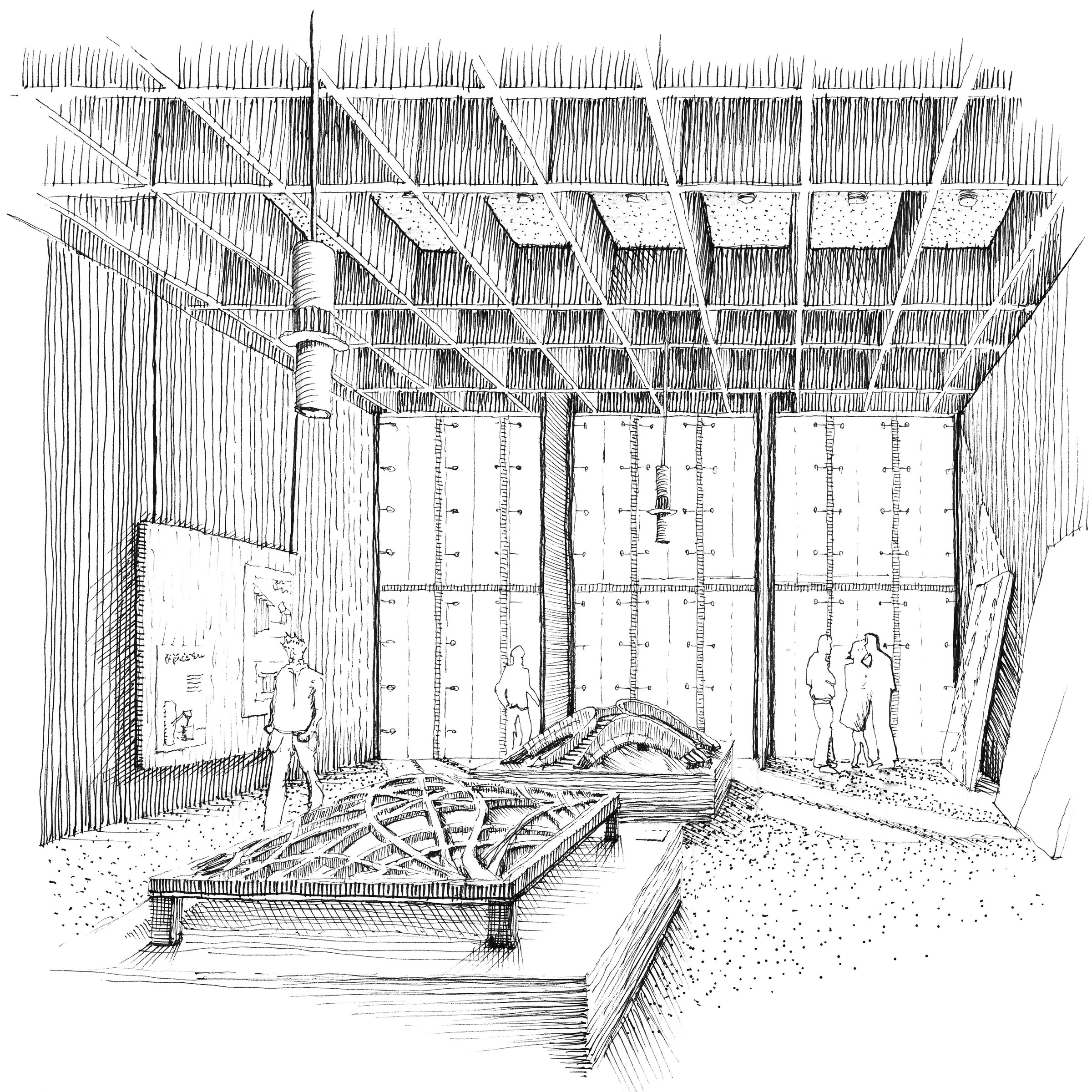 Sketch of the exhibition hall on the 1st floor · Fineliner drawing