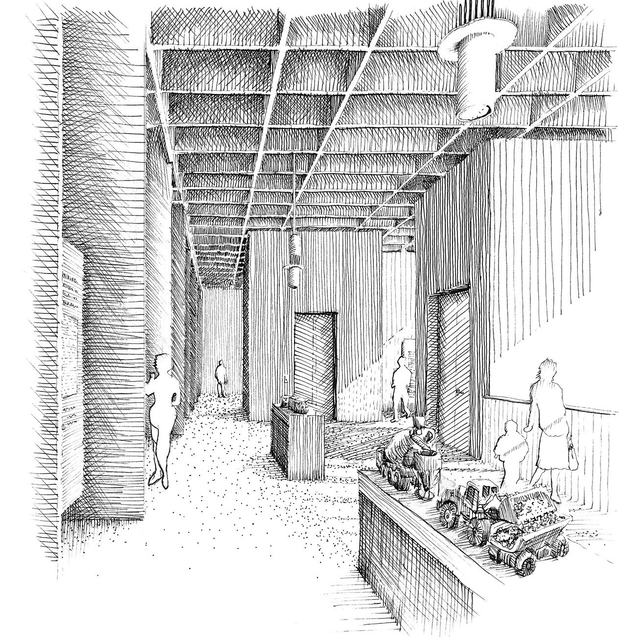 Sketch of the exhibition hall on the first floor · Fineliner drawing