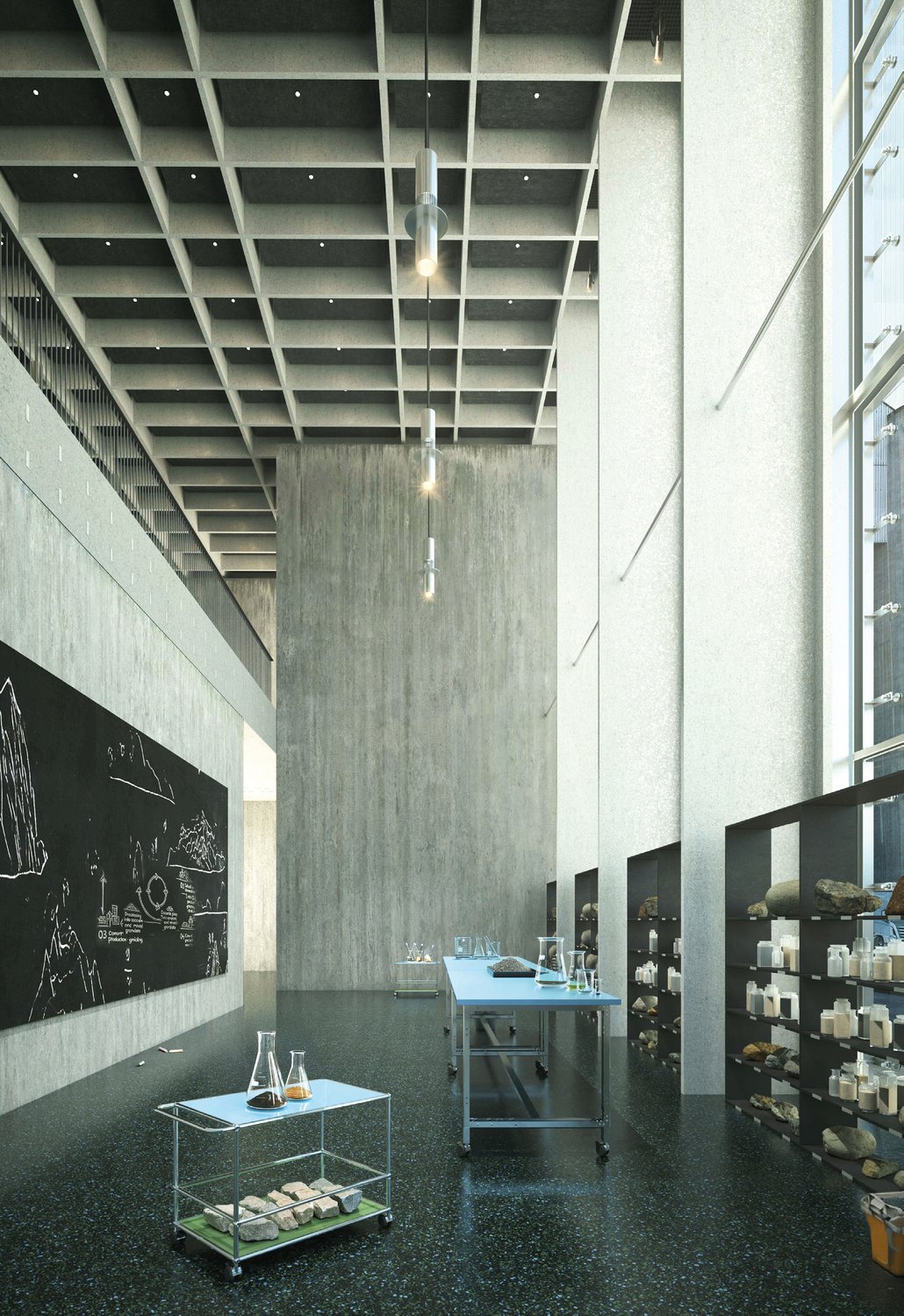 Holcim Visitor Workshop - interior of the double-height exhibition hall with coffered concrete ceiling
