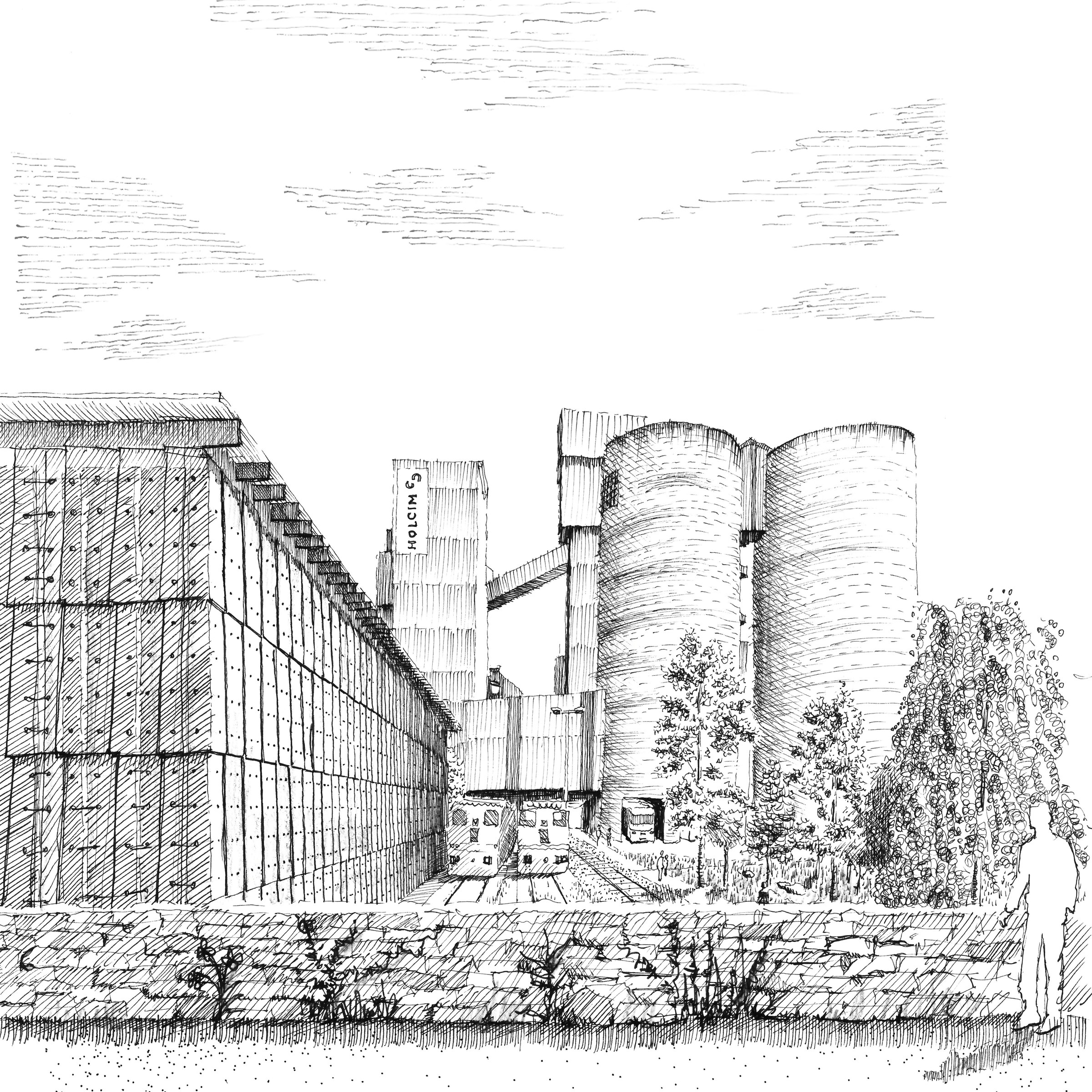 Sketch from the street above · Fineliner drawing