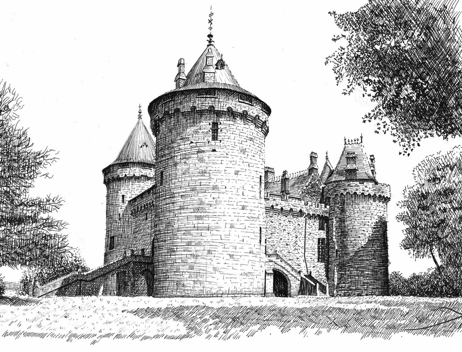 Pen drawing of the Château de Combourg with its round tower