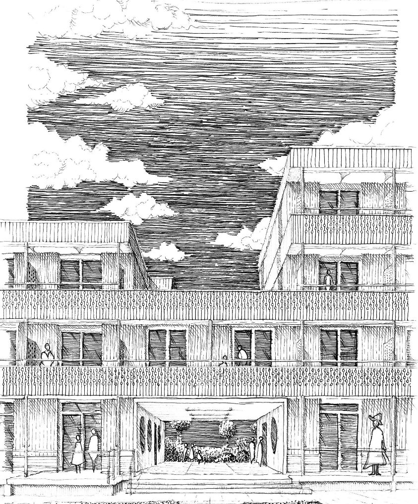 Pen drawing of the Obstgarten facade in Rombach