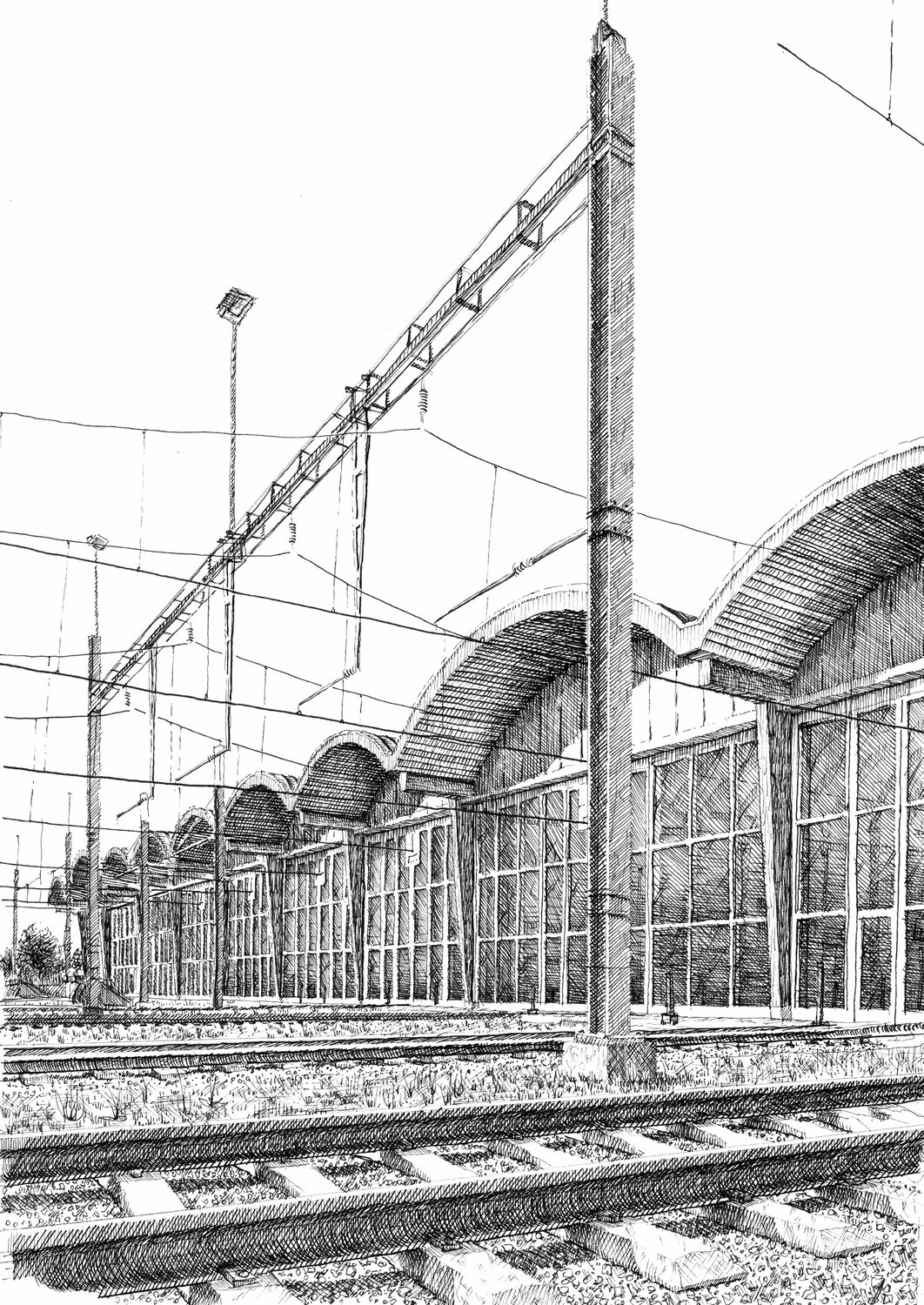 Pen drawing of the BLS train workshop hall