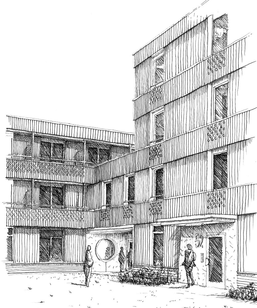 Pen drawing of the Obstgarten housing in Rombach