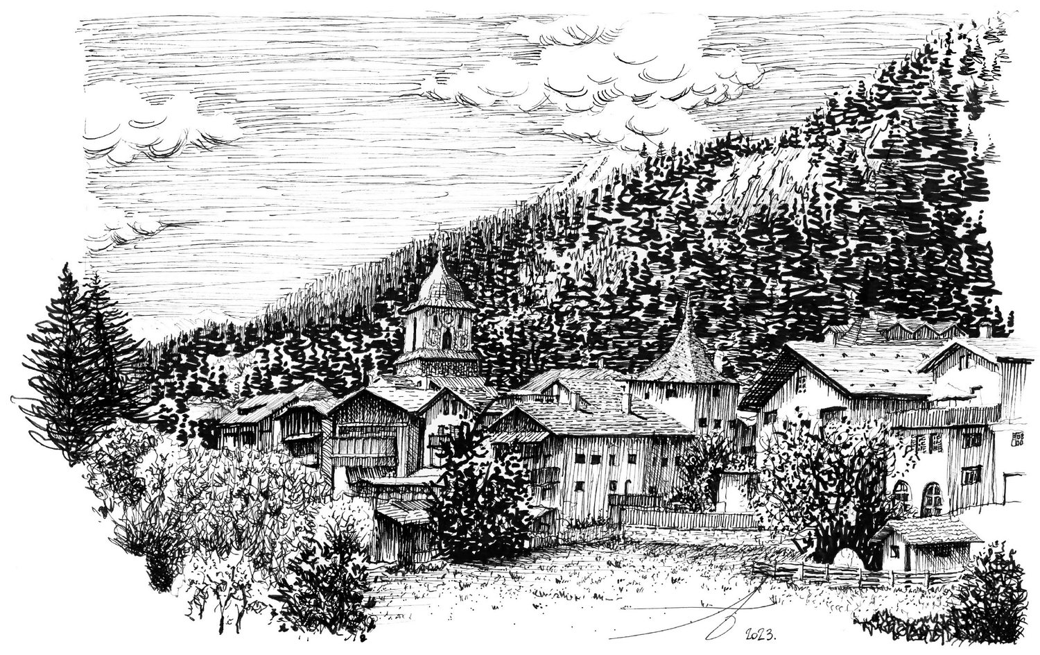 Pen drawing of the alpine village of Bergün