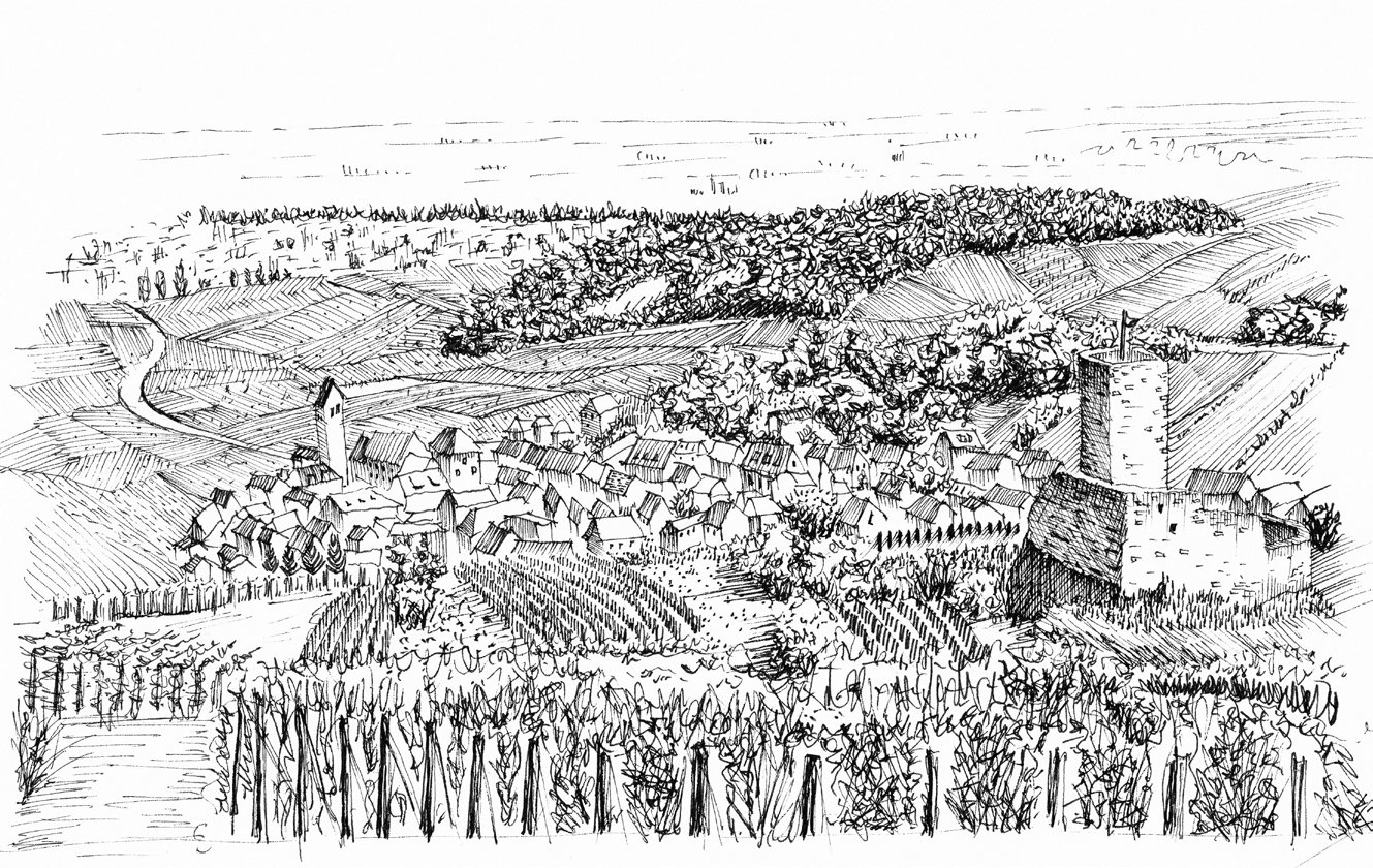 Pen drawing of the village of Katzenthal amid vineyards
