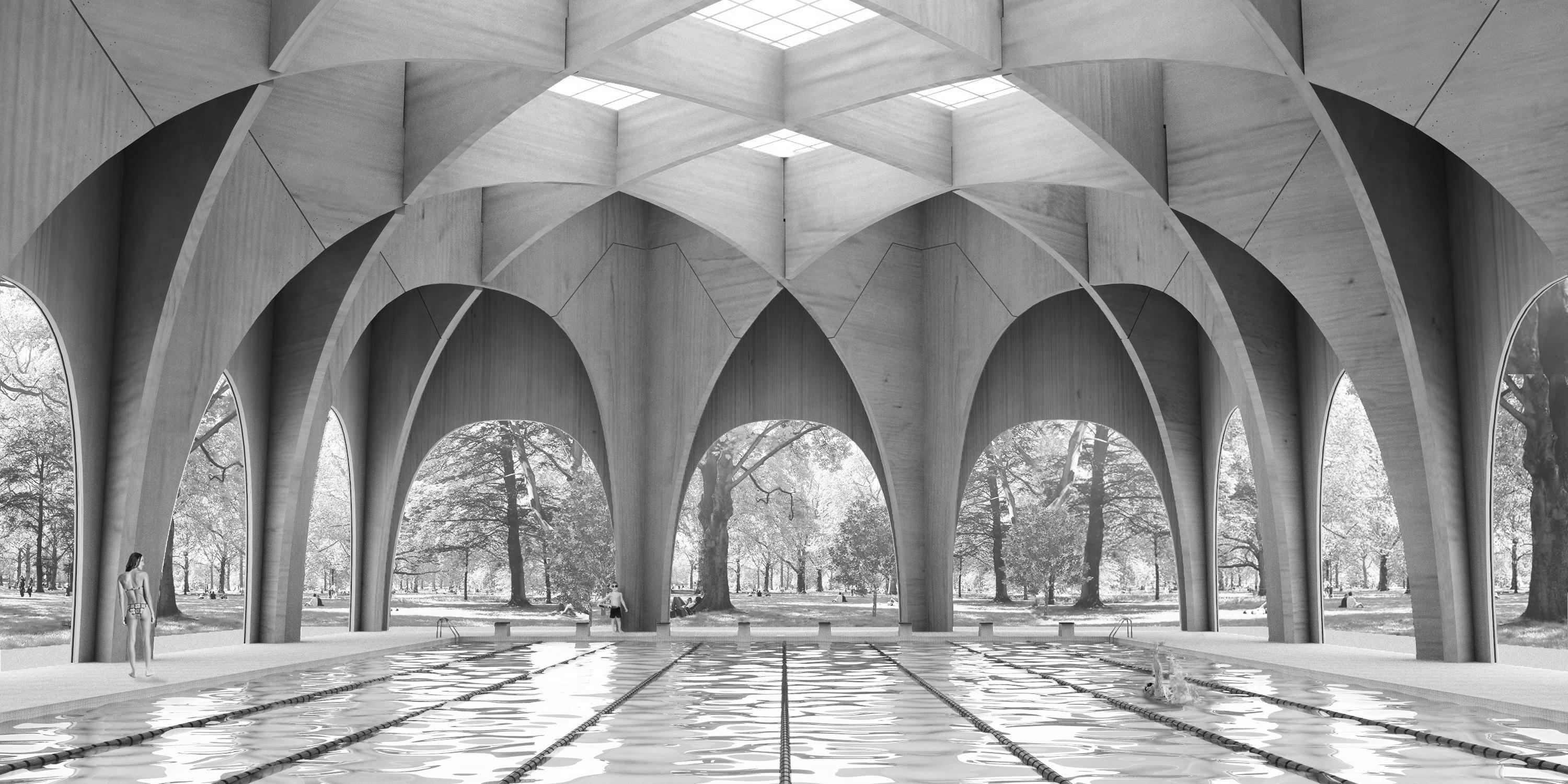 Roof on a Swimming Pool — Interior perspective showing vaulted arches